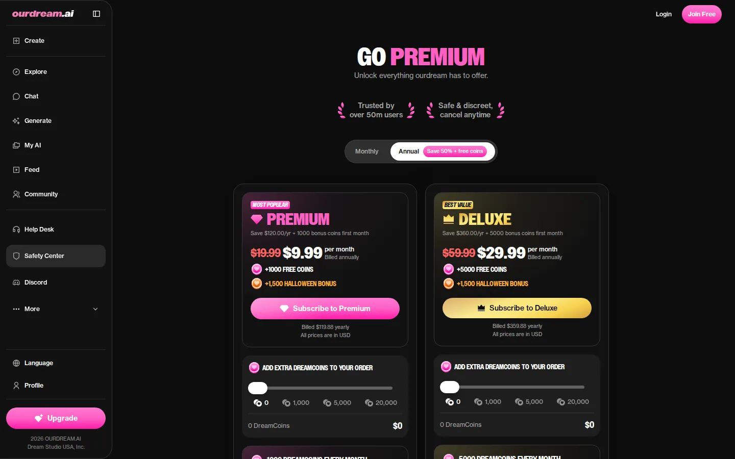 OurDream AI — Tarifs et abonnements